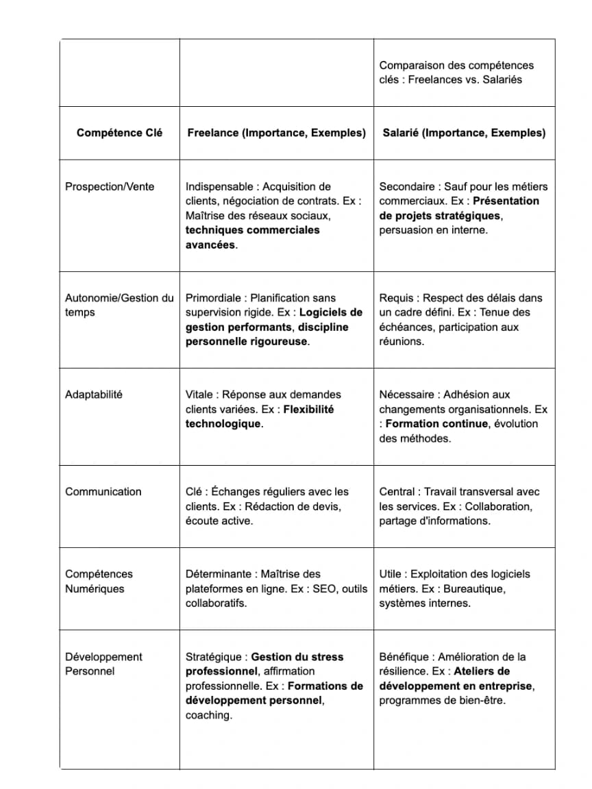 Tableau comparatif